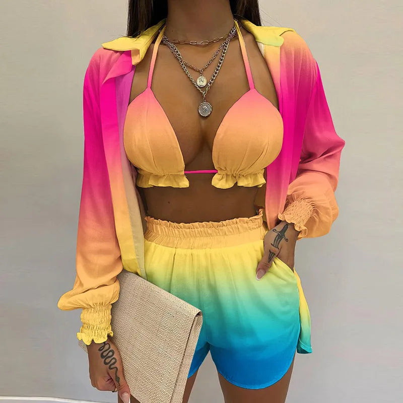 Fashion Print Short Three Piece Set Women Sexy Camisole Shirt Cardigan Shorts 3 Piece Sets Female Casual Beach Vacation Clothing Majesty Me