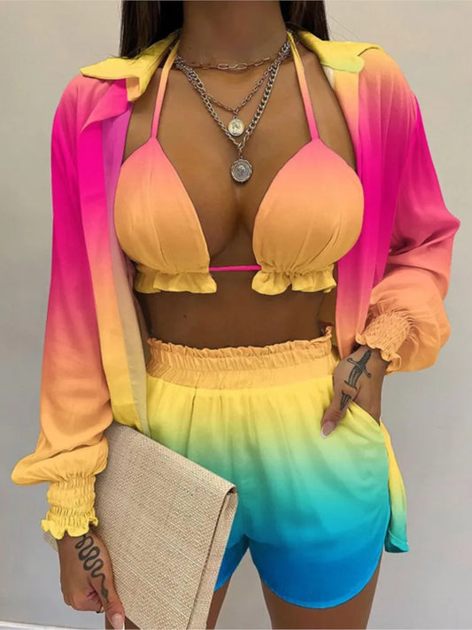 Fashion Print Short Three Piece Set Women Sexy Camisole Shirt Cardigan Shorts 3 Piece Sets Female Casual Beach Vacation Clothing Majesty Me