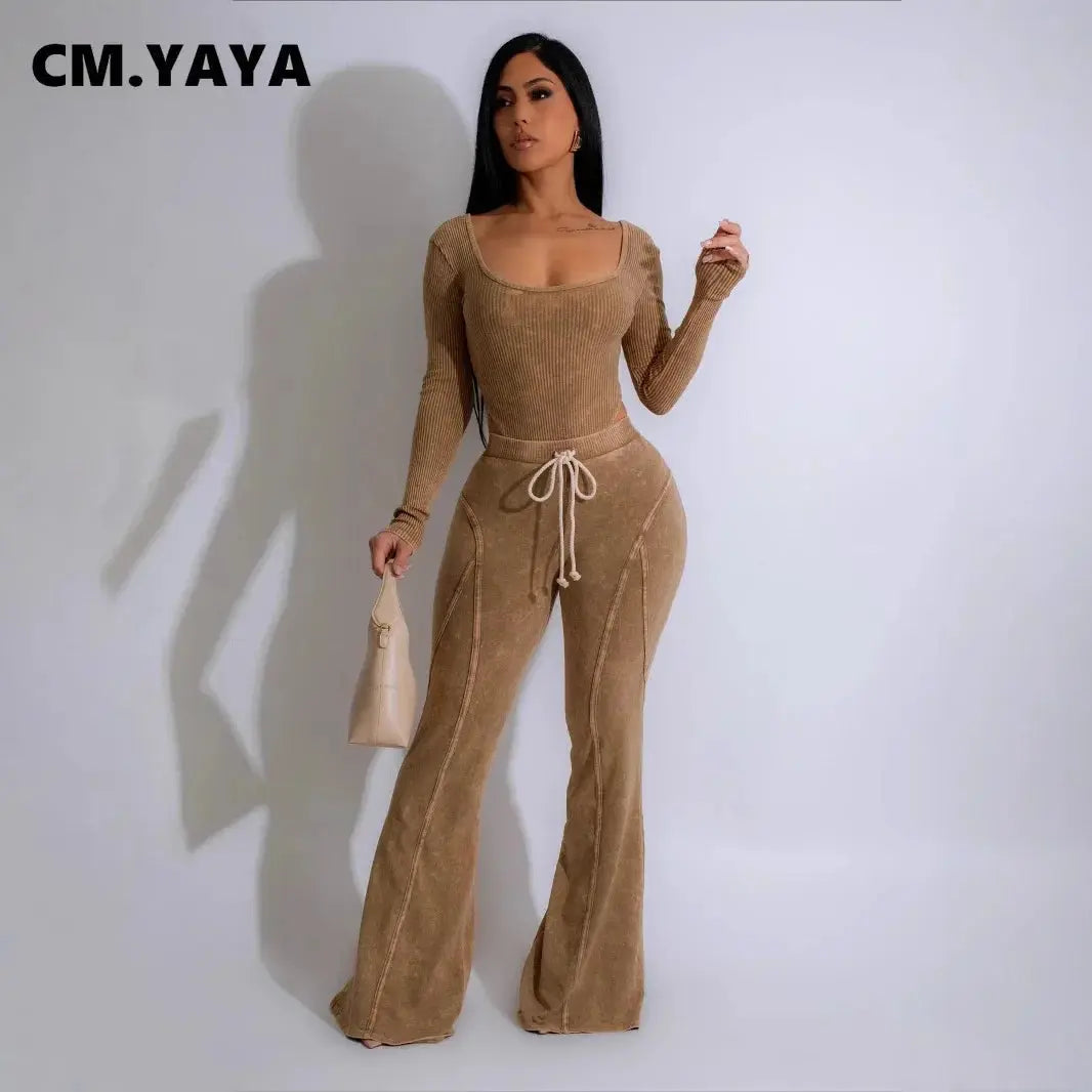 “Soft Motion” Knit Set – Long Sleeve Bodysuit & Flared Pants Tracksuit Majesty Me Streetwear™