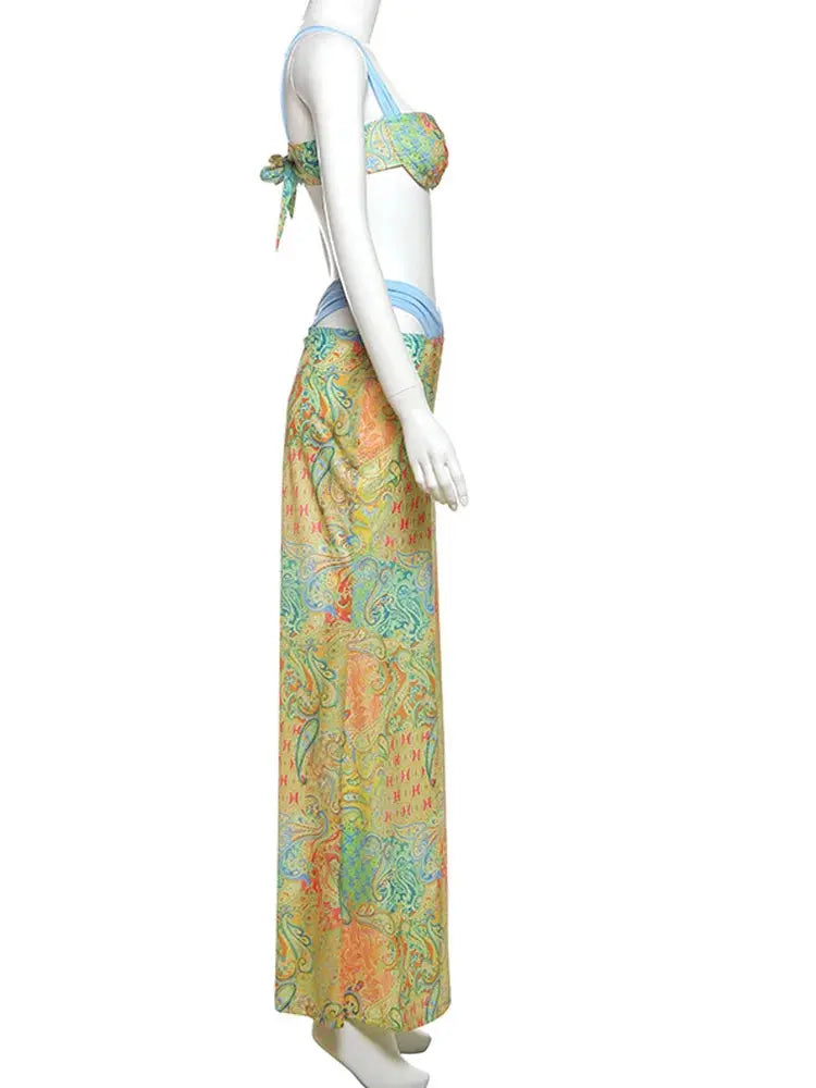 ropical Goddess Floral Two-Piece Set – Women’s Printed Bra Crop Top & Maxi Skirt | Summer Vacation Outfit Majesty Me Streetwear™