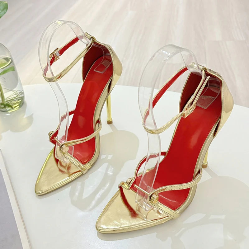 Liyke Sexy Gold Silver Ankle Cover Strap Sandals Women Shoes Fashion Metal Decoration Pointed Open Toe Party Club Stripper Heels Majesty Me