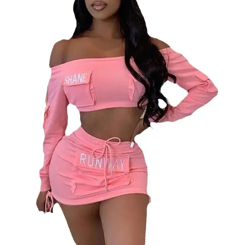 Y2K Pink Letter Print Two-Piece Set – Off-Shoulder Crop Top & Drawstring Pocket Skirt | Sexy Streetwear Matching Outfit Majesty Me Streetwear™