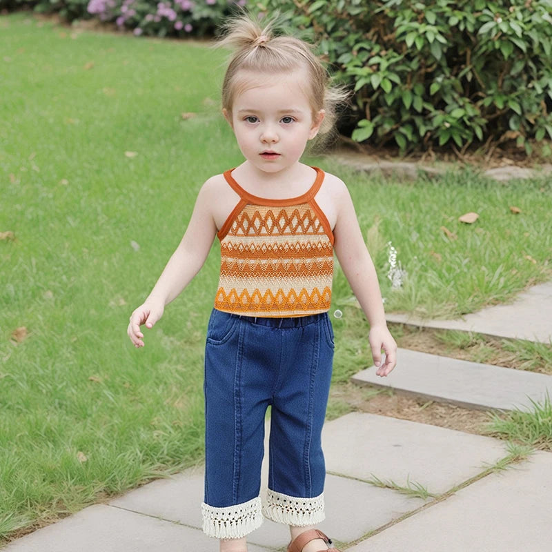 Girls Sleeveless Knit Top and Elastic Waist Tassel Jeans Set Summer Outfit with Camisole for Kids Majesty Me