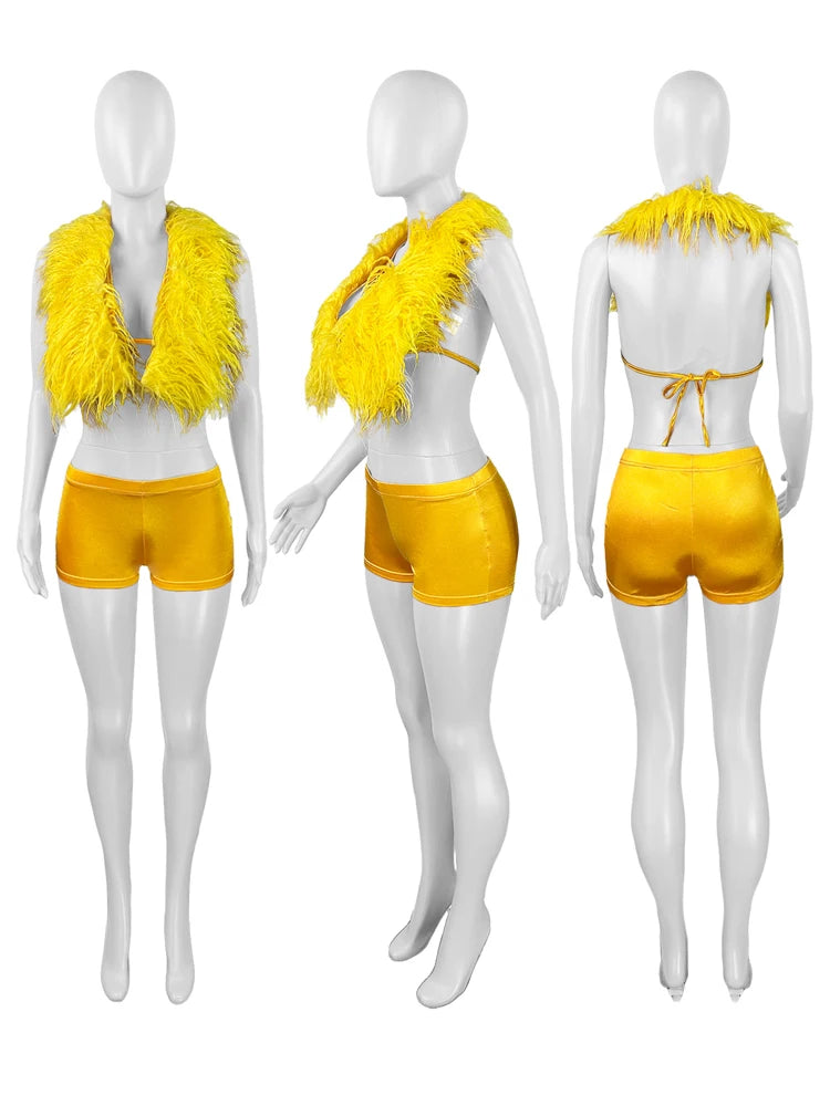 Luxury Fur Patchwork 2 Pieces Set for Woman Outfit Summer 2025 New Tank Top and Stretch Shorts Midnight Club Wear Party Suits Majesty Me