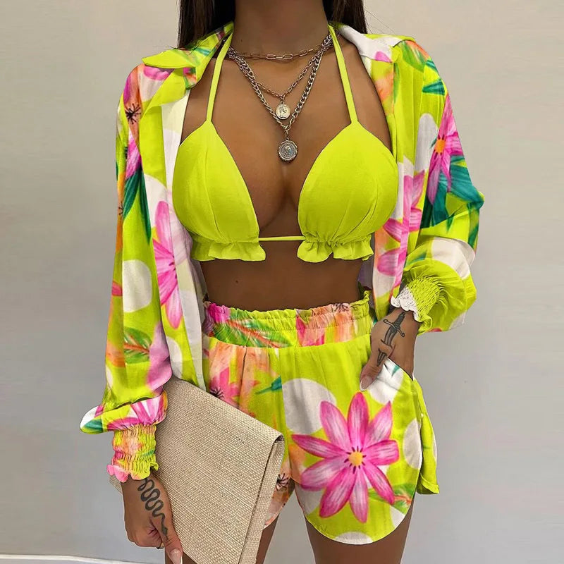Fashion Print Short Three Piece Set Women Sexy Camisole Shirt Cardigan Shorts 3 Piece Sets Female Casual Beach Vacation Clothing Majesty Me