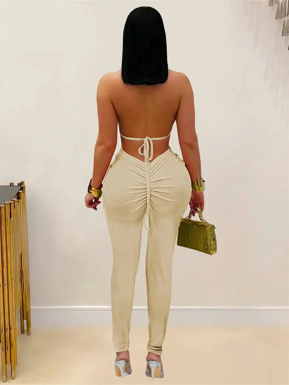 Snatched Peach Backless Jumpsuit – Ruched Halter Bodycon Majesty Me
