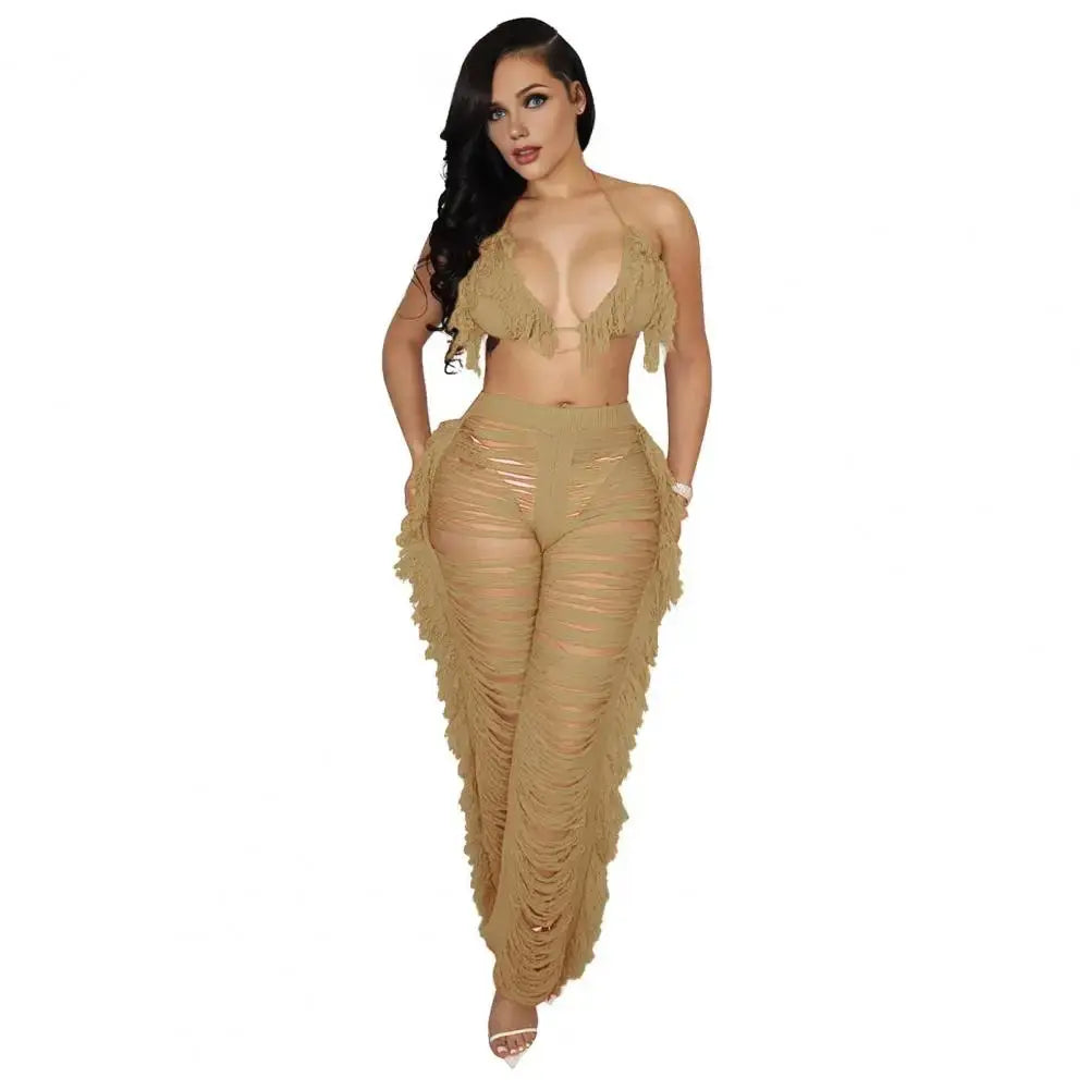 “Tropical Dream” Tassel Set – Lace-Up Halter Crop Top & High-Waist Beach Pants Majesty Me Streetwear™
