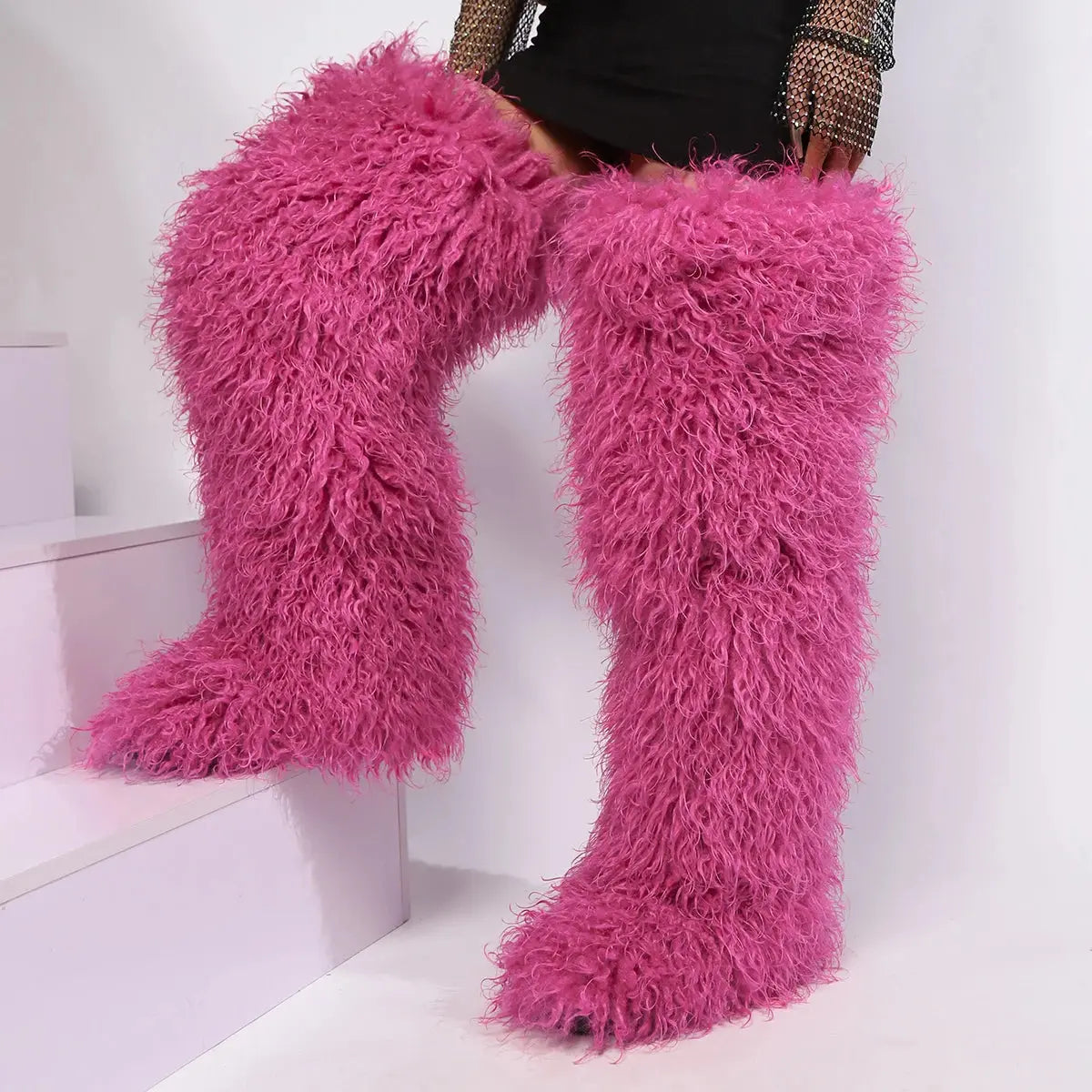 Royal Frost” Thigh-High Fur Boots – Luxe Mongolian Fox Snow Boots for the Modern It-Girl Majesty Me Streetwear™