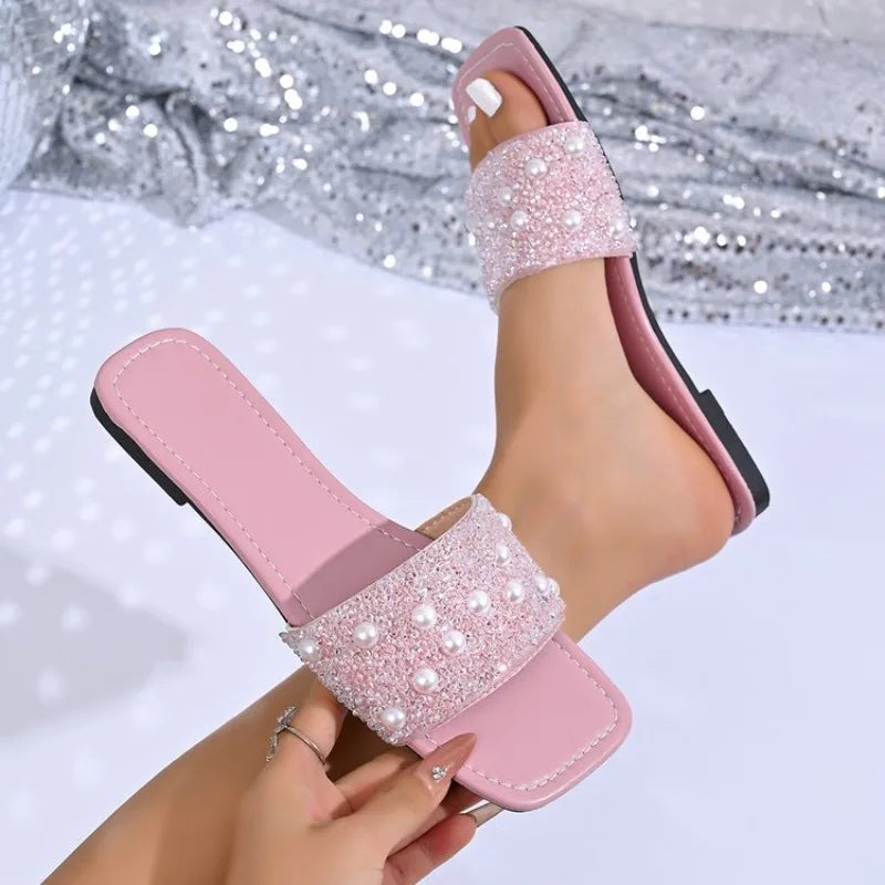 Women Slippers Elegant Crystal Pearl Flat Sandals Summer Square Toe Slippers Non-Slip Outdoor Shoes Woman Plus Size Slides Women Majesty Me