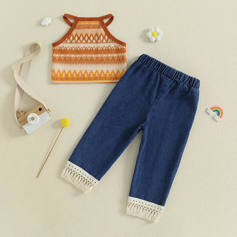 Girls Sleeveless Knit Top and Elastic Waist Tassel Jeans Set Summer Outfit with Camisole for Kids Majesty Me