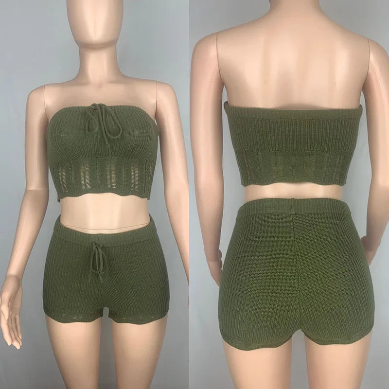 Sexy Knitted Two Piece Women Shorts Sets Skinny Tube Crop Top + Shorts Stretchy Vacation Party Club Outfits Matching Sets Summer Majesty Me