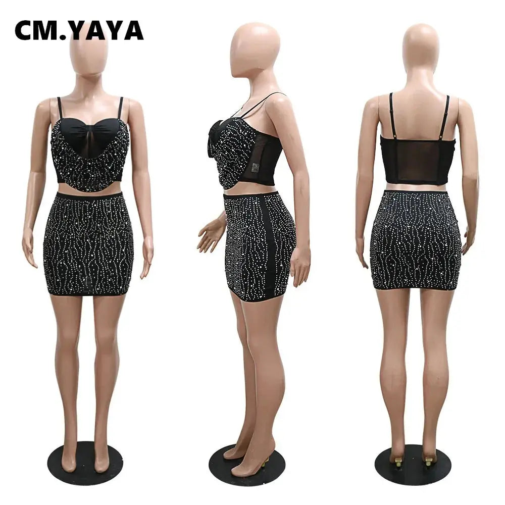 Diamond Dreams Rhinestone Two-Piece Set – Women’s Strap Crop Top & Mini Skirt | Sexy Party & Clubwear Outfit Majesty Me Streetwear™