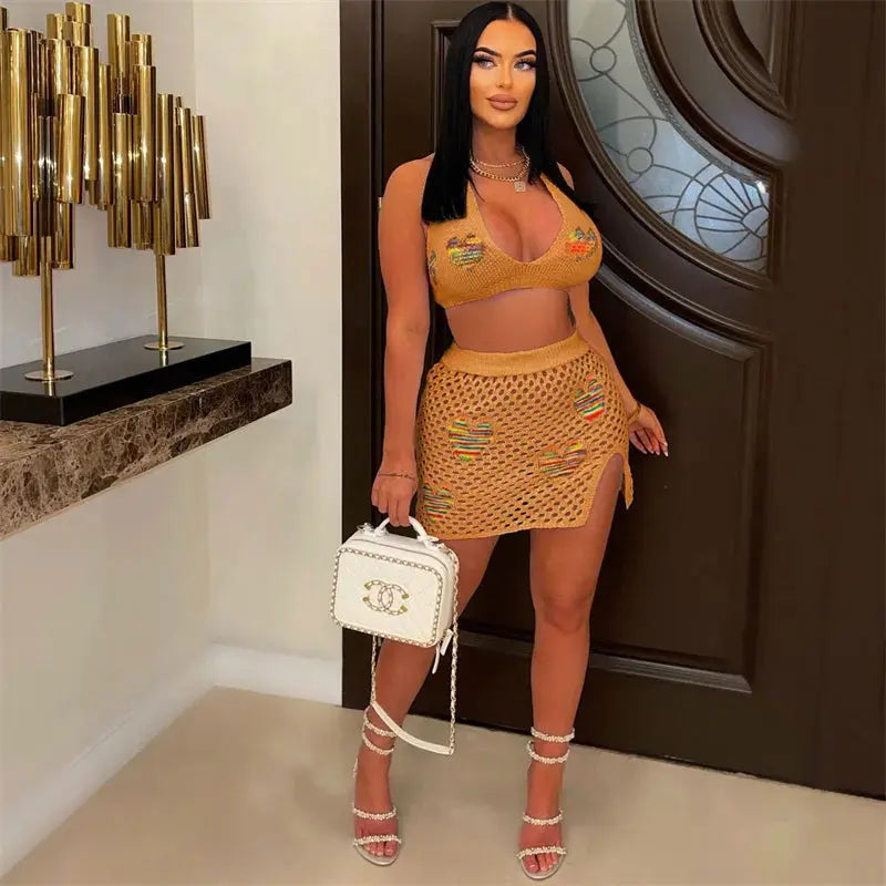 Majesty Me “Golden Hour” Crochet Set – Halter Crop Top & Matching Mini Skirt Majesty Me Streetwear™