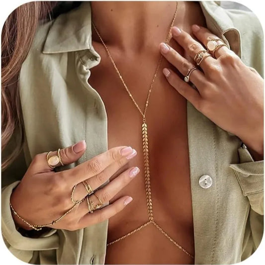 Sexy Body Chains for Women Mom, 14K Gold Layered Belly Waist Chain Bikini Bra Chain, Summer Beach Rhinestone Body Jewelry Majesty Me