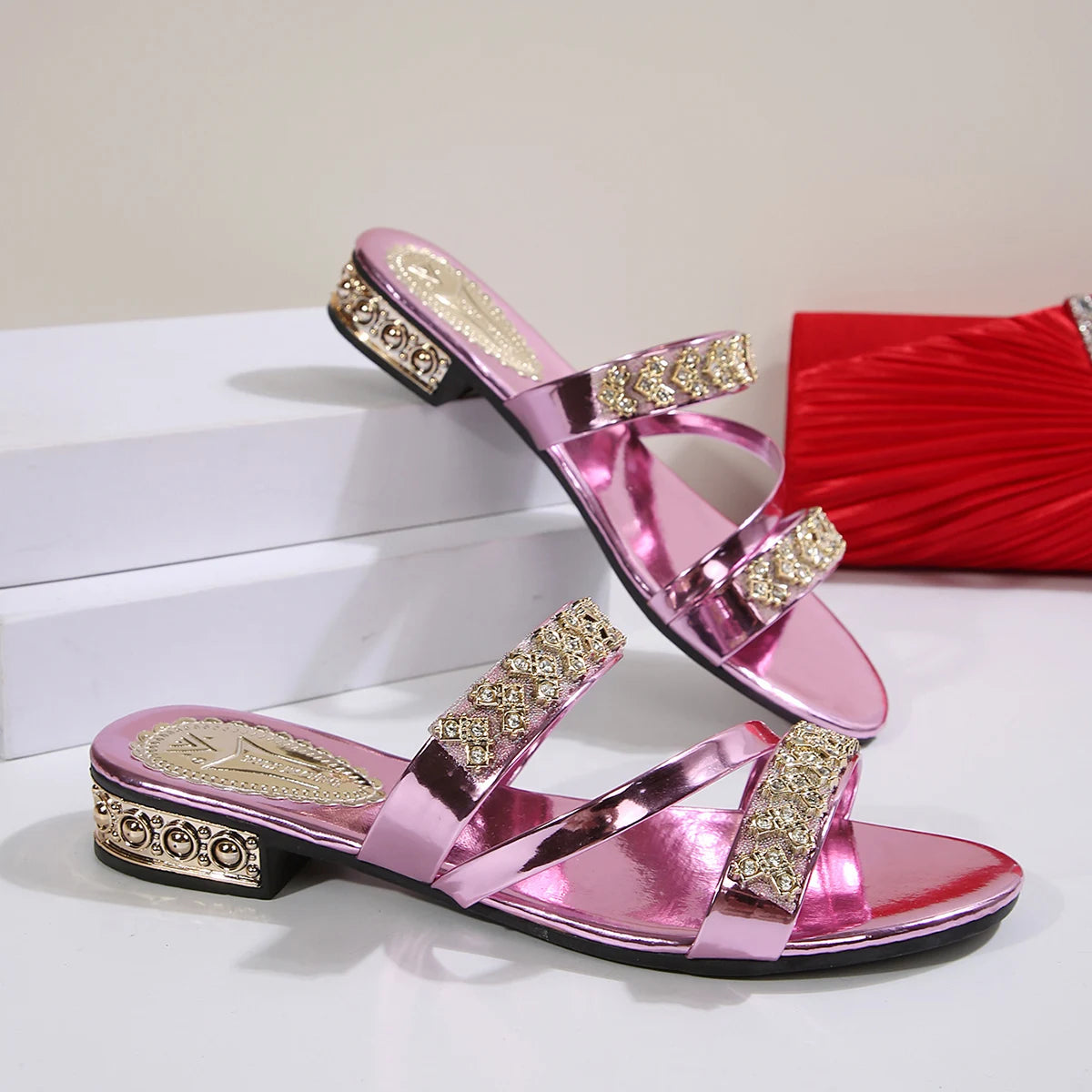 Summer New Women Slippers Medium Heel Thick Heel Slippers Open Toe High Heel Rhinestones Shoes Lightweight Sandals Slides Women Majesty Me