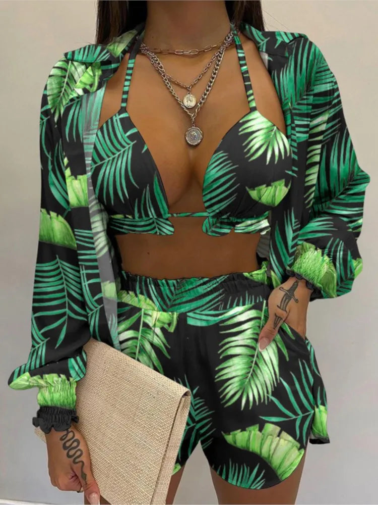 Fashion Print Short Three Piece Set Women Sexy Camisole Shirt Cardigan Shorts 3 Piece Sets Female Casual Beach Vacation Clothing Majesty Me