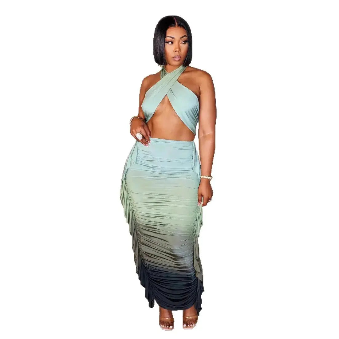 Tropical Goddess” Two-Piece Set – Halter Neck Crop Top & Tie-Dye Ruched Maxi Skirt Majesty Me Streetwear™