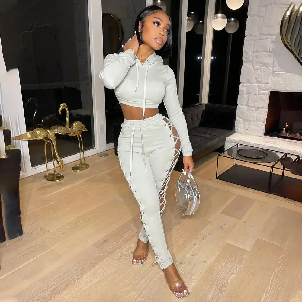 Majesty Me “Power Play” Tracksuit – Hollow-Out Bandage Crop Hoodie & Matching Joggers Majesty Me Streetwear™