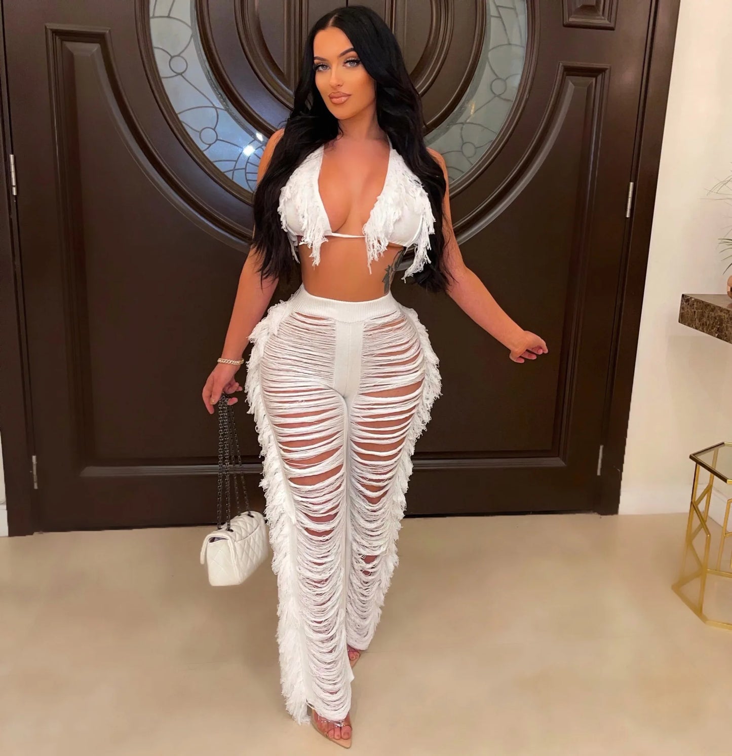 Sexy Women 2025 Knitted Set Two Piece Set Halter Backless Bra Crop Top Pants Crocheted 2 Pieces Set Hollow Out Crochet Beach Set Majesty Me