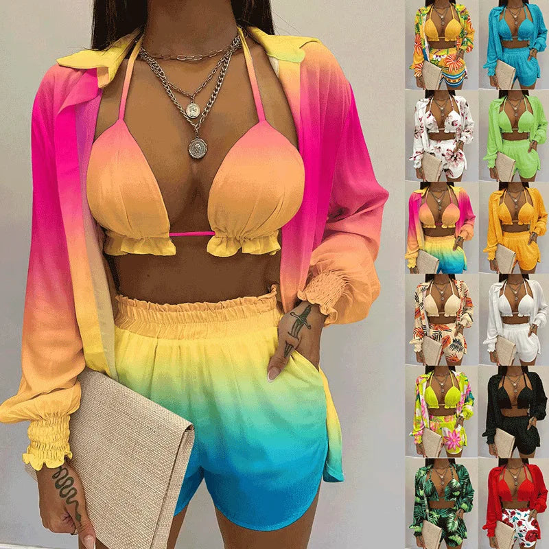 Fashion Print Short Three Piece Set Women Sexy Camisole Shirt Cardigan Shorts 3 Piece Sets Female Casual Beach Vacation Clothing Majesty Me