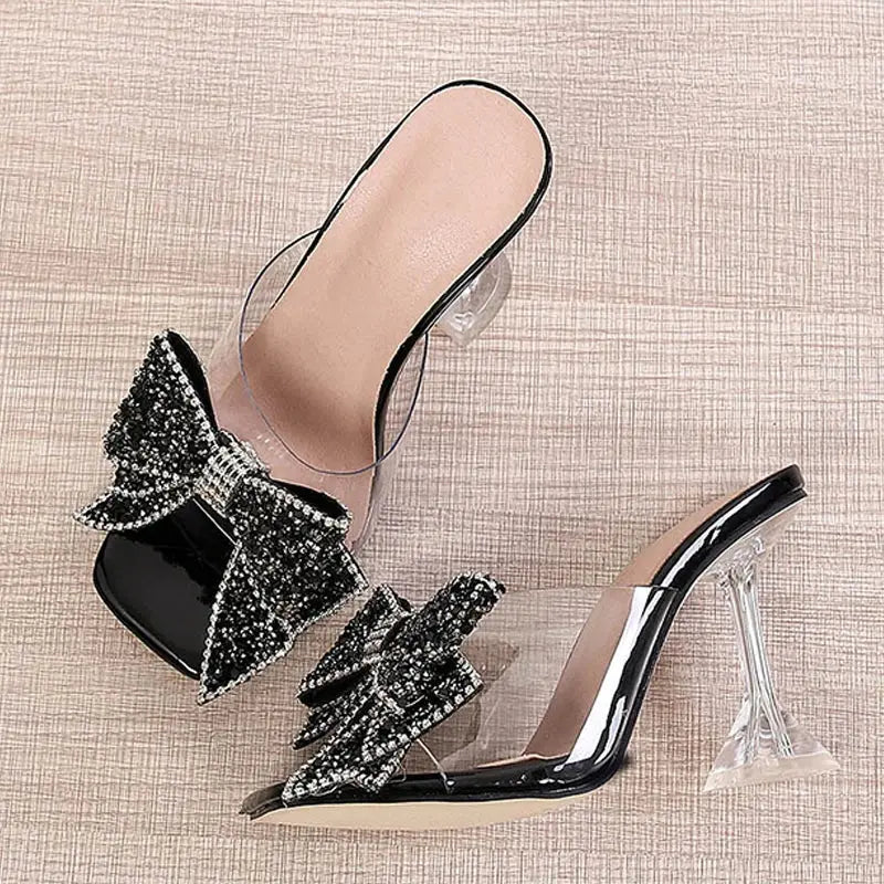 Crystal Clear Bow Heeled Slides Majesty Me