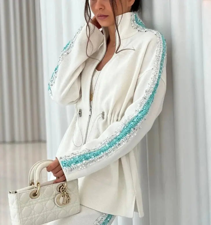 City Muse Two-Piece Set – Women’s Colorblock Zipper Top & High-Waist Pants | Chic Casual Matching Outfit Majesty Me Streetwear™