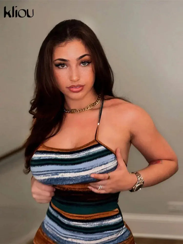 Kliou Panelled Striped Mini Dresses Aesthetic Women Sexy Skinny Slash Neck Camisole Backless Vintage Midnight Clubwear Outfits Majesty Me