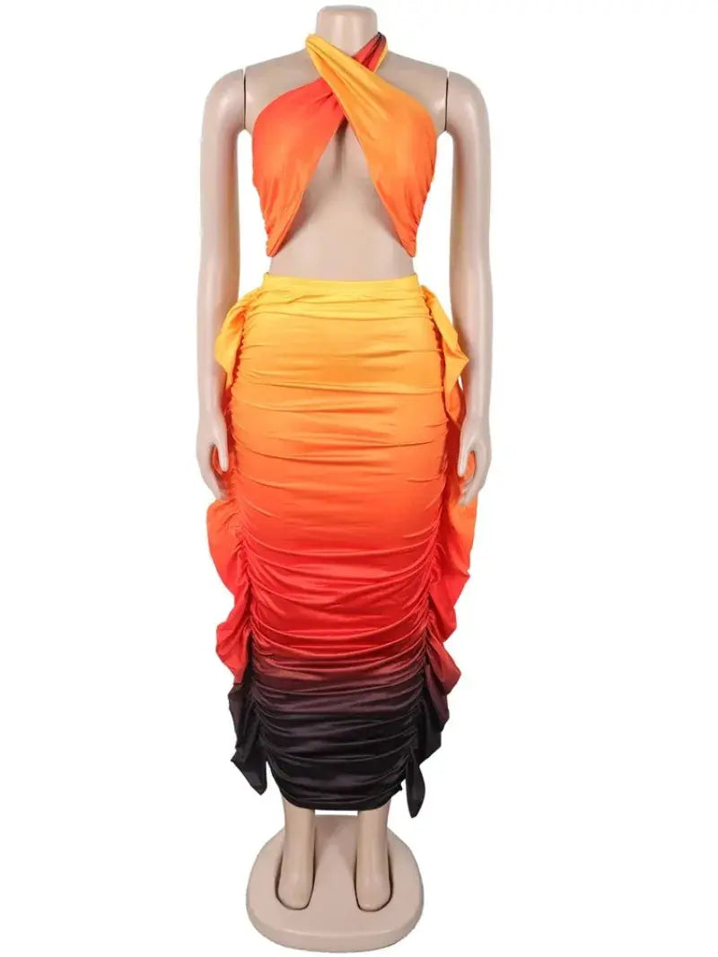 Tropical Goddess” Two-Piece Set – Halter Neck Crop Top & Tie-Dye Ruched Maxi Skirt Majesty Me Streetwear™