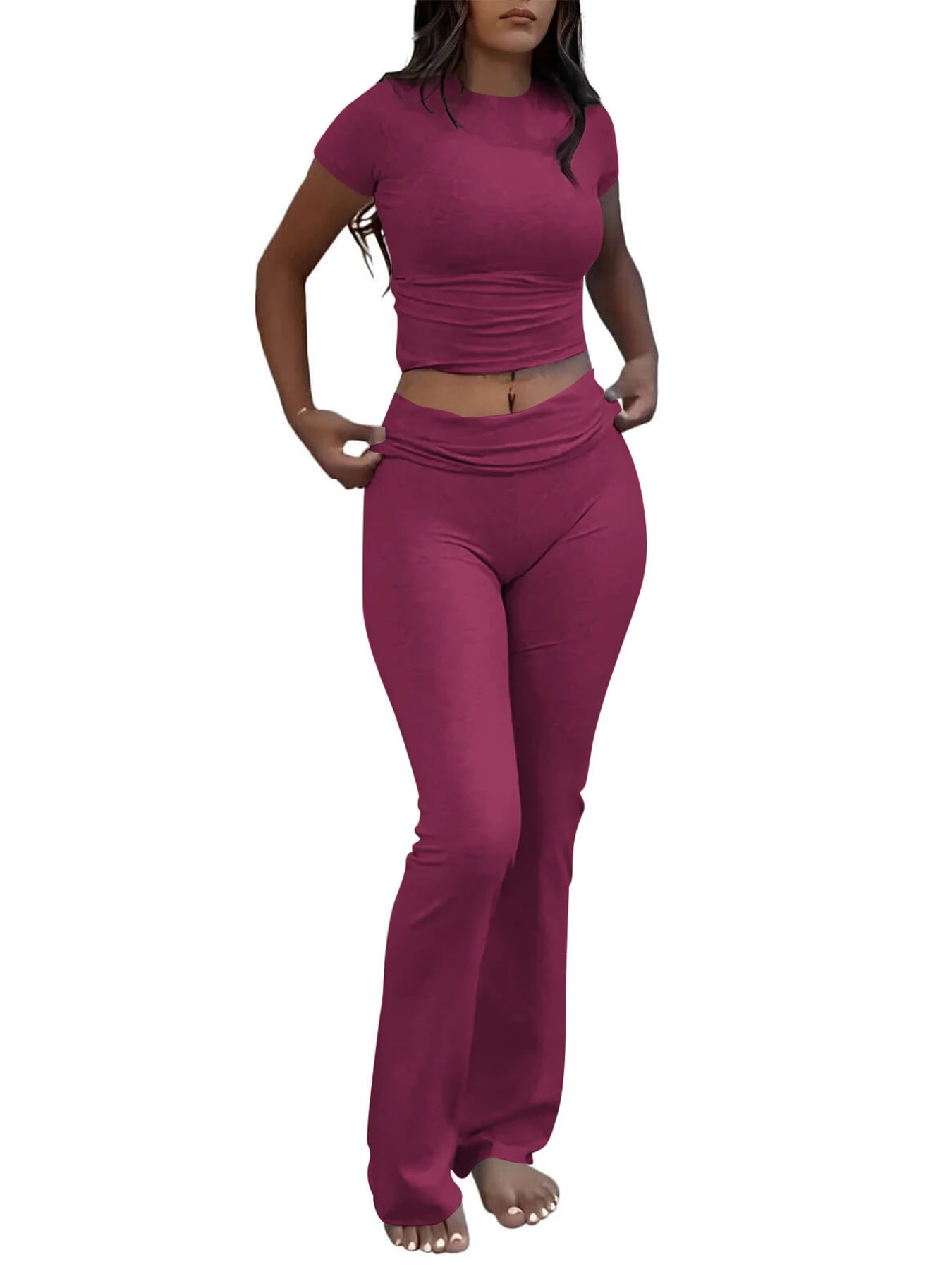 Casual Workout Two Piece Outfits for Women Short Sleeve Crop High Waist Foldover Flare Pants Tracksuit Sets Streetwear Majesty Me