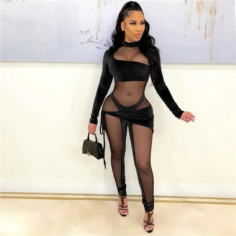 Sexy See-through Mesh Patchwork Velvet Jumpsuit Women Clubwear Long Sleeve Rompers Womens Jumpsuit Bodycon Overalls for Women Majesty Me