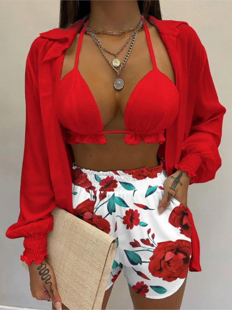 Fashion Print Short Three Piece Set Women Sexy Camisole Shirt Cardigan Shorts 3 Piece Sets Female Casual Beach Vacation Clothing Majesty Me