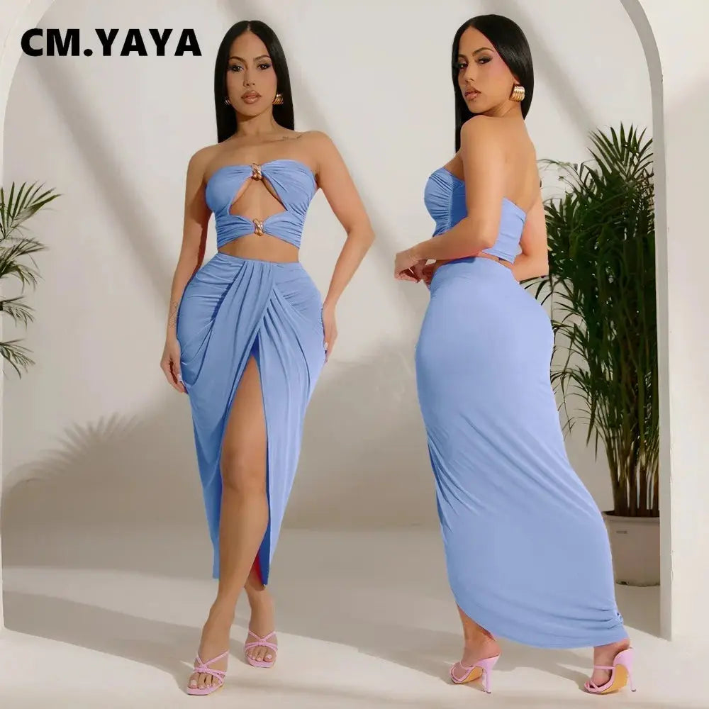 Sunset Siren” Strapless Mini Top + Split Maxi Skirt Set – Sexy Summer Party Outfit for Women Majesty Me Streetwear™