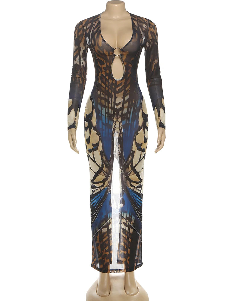 Weird Puss Sexy See Through Dress Woman Butterfly Print Metal Ring Hollow Full Sleeve Splits Clubwear Midnight Elegant Bodycon Majesty Me