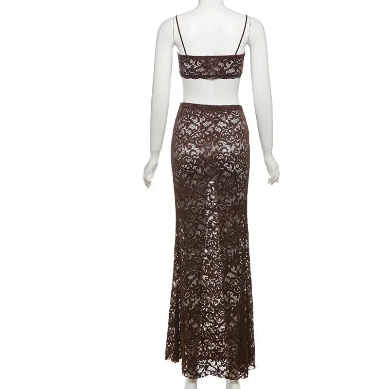 Midnight Muse Lace Two-Piece Set – Sheer Camisole Crop Top & Bodycon Maxi Skirt | Sexy Clubwear & Vacation Outfit Majesty Me Streetwear™