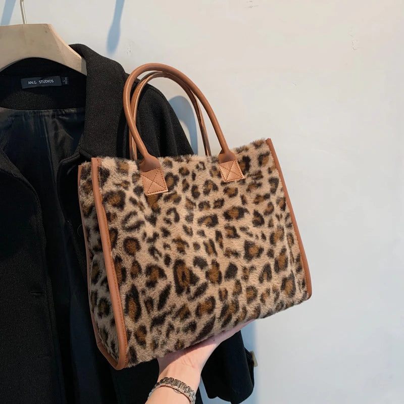 Winter Faux Fur ,Leopard Print Designer Shopper Totes, Fashion Soft Plush Women Shoulder Bags, Large Capacity Handbags and Purse Majesty Me