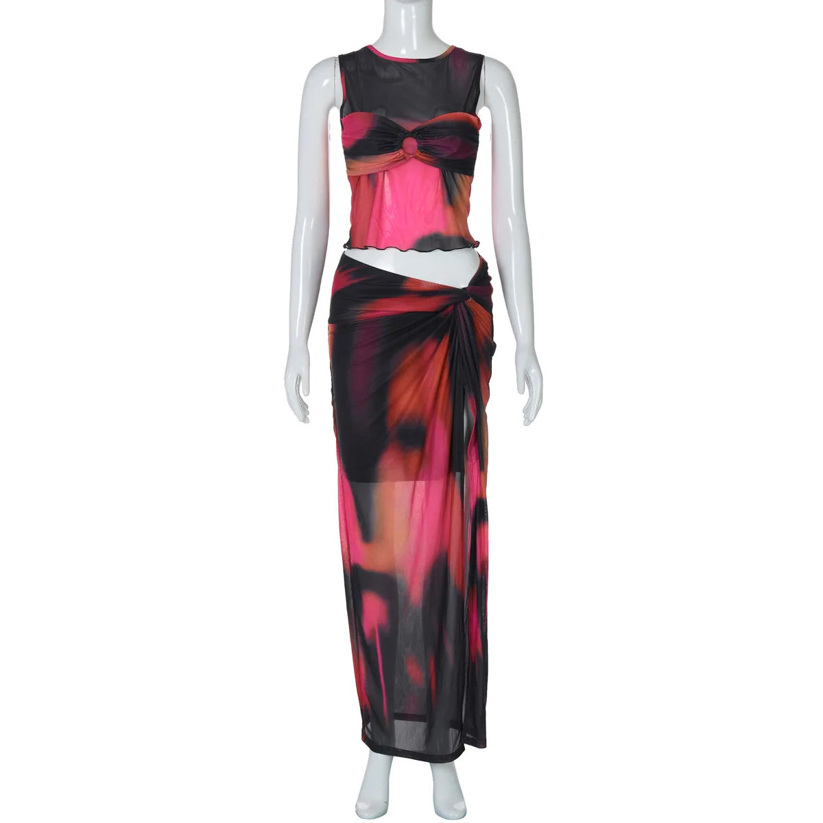 Bangniweigou Sleeveless tie-dye printed tanks gauze skirt holiday leisure set women's two-piece set summer beach suit Majesty Me