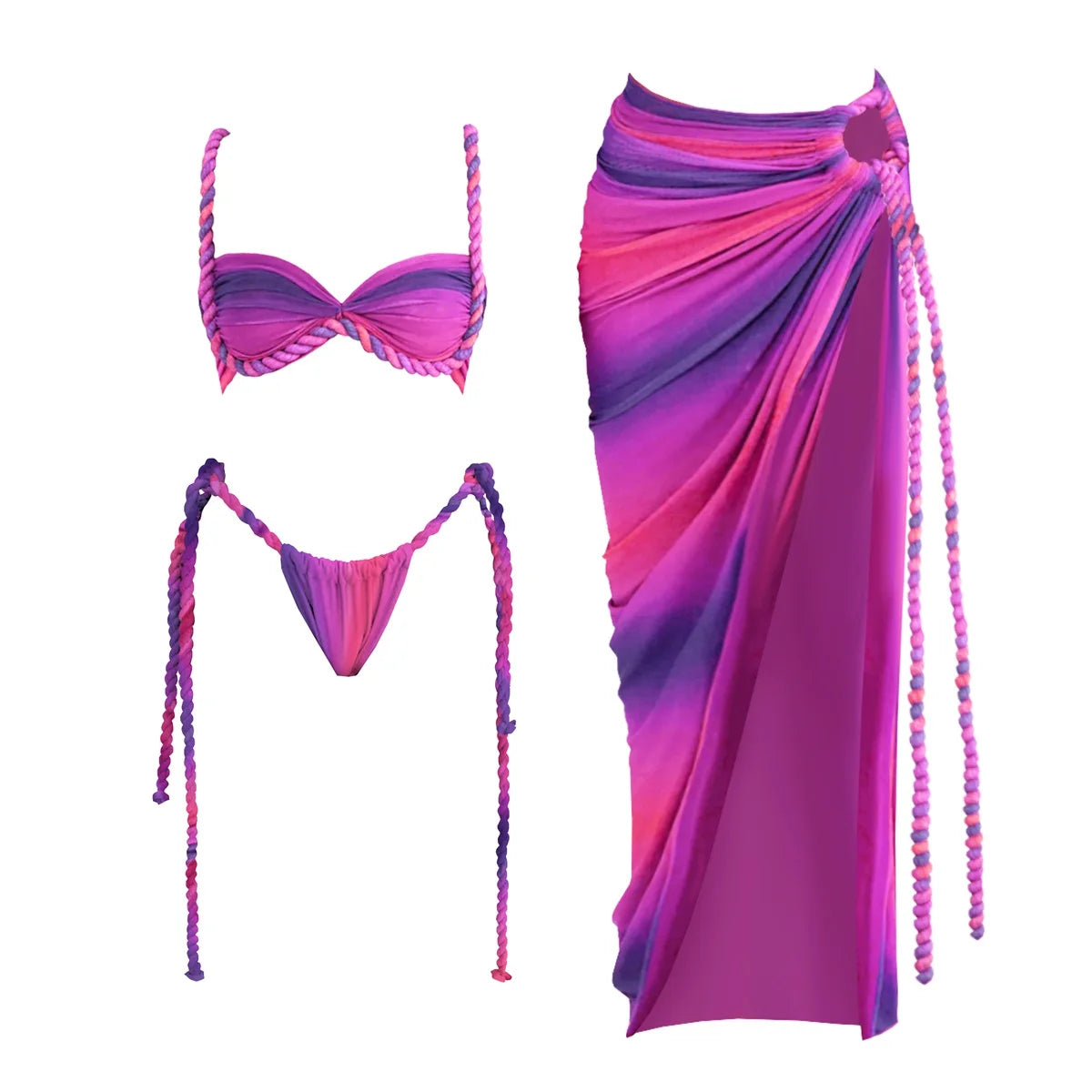 New 3Pcs Crochet Bikini Women Swimsuit Sexy Swimwear Halter Biquini Push Up Swim Suit Strappy Bodysuit Female Bathsuit Beachwear Majesty Me