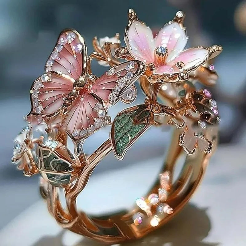 Aesthetic Flower Butterfly Rings for Female Romantic Rhinestone Stylish Non-fading Opening Ring Women Wedding Jewelry Party Gift Majesty Me