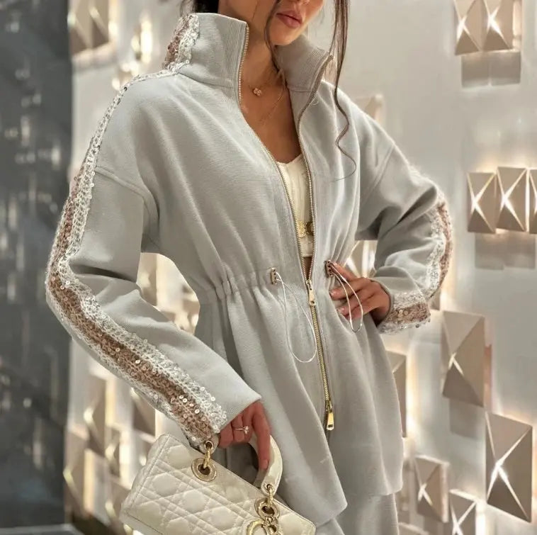 City Muse Two-Piece Set – Women’s Colorblock Zipper Top & High-Waist Pants | Chic Casual Matching Outfit Majesty Me Streetwear™