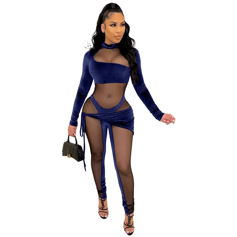 Sexy See-through Mesh Patchwork Velvet Jumpsuit Women Clubwear Long Sleeve Rompers Womens Jumpsuit Bodycon Overalls for Women Majesty Me