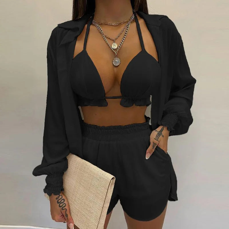 Fashion Print Short Three Piece Set Women Sexy Camisole Shirt Cardigan Shorts 3 Piece Sets Female Casual Beach Vacation Clothing Majesty Me