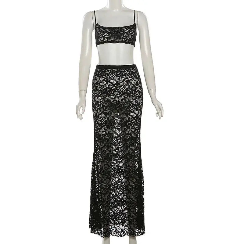 Midnight Muse Lace Two-Piece Set – Sheer Camisole Crop Top & Bodycon Maxi Skirt | Sexy Clubwear & Vacation Outfit Majesty Me Streetwear™