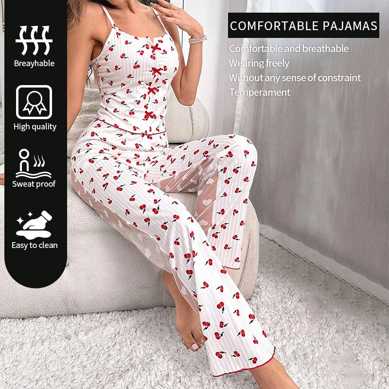 2-Piece Women's Sexy Transparent Mesh Lace Set with Ribbed Printed Strap Top and Pants Home Clothes Pajama Set Majesty Me