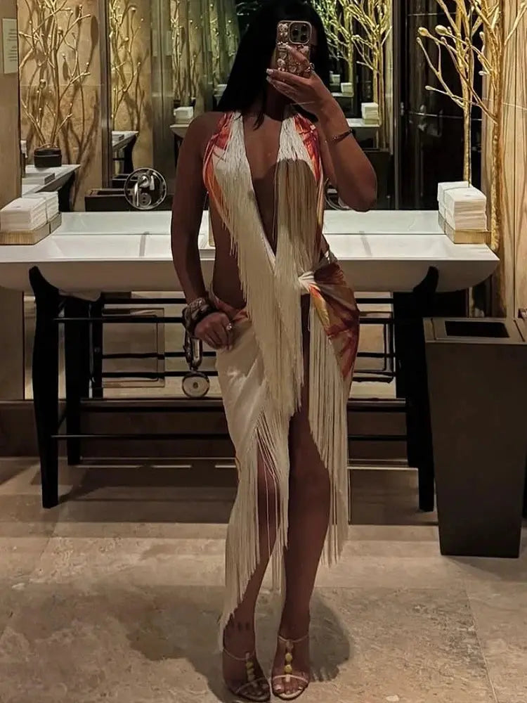 Tassel Halter Two-Piece Set – Women’s Knot Wrap Backless Crop Top & Split Skirt | Sexy Clubwear & Vacation Outfit Majesty Me Streetwear™