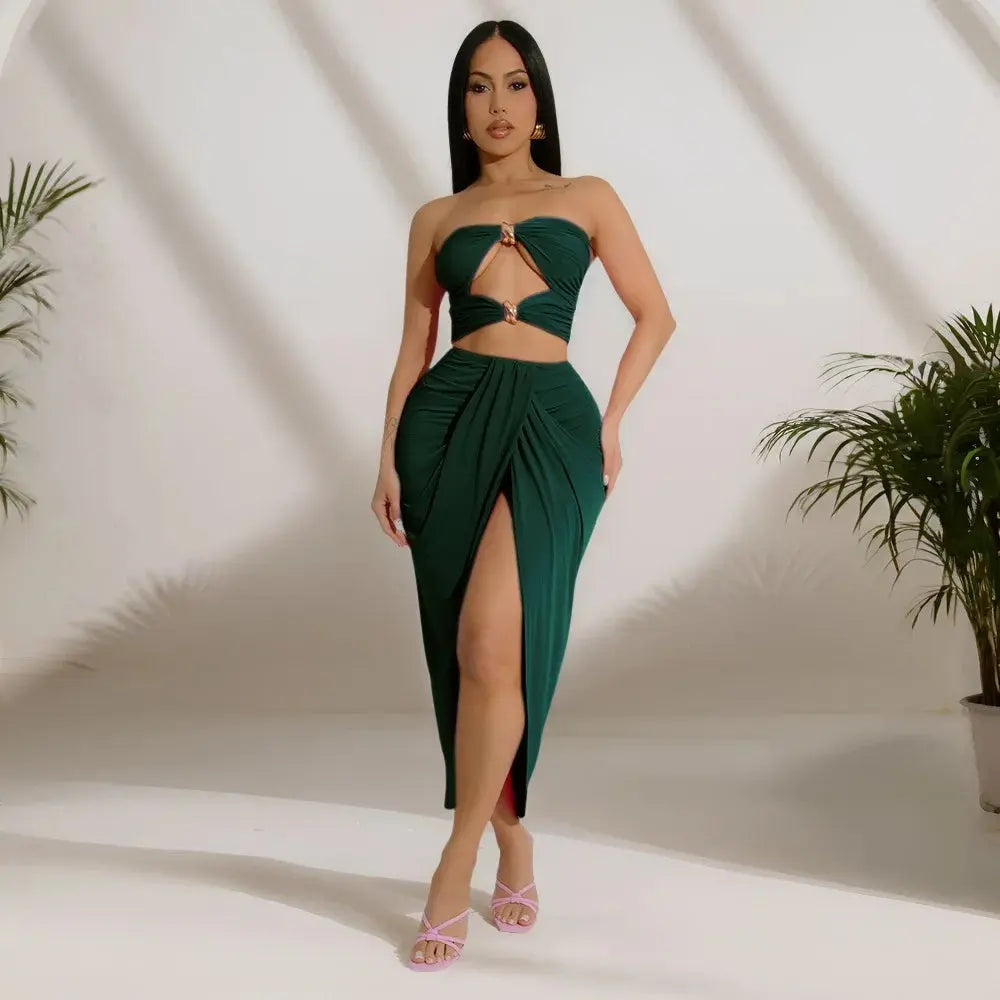 Sunset Siren” Strapless Mini Top + Split Maxi Skirt Set – Sexy Summer Party Outfit for Women Majesty Me Streetwear™