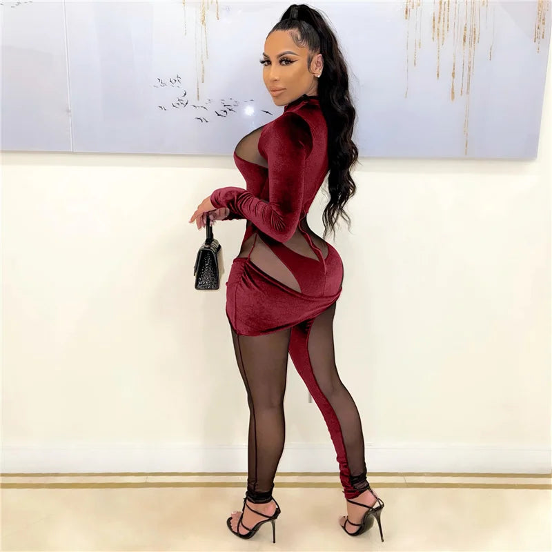 Sexy See-through Mesh Patchwork Velvet Jumpsuit Women Clubwear Long Sleeve Rompers Womens Jumpsuit Bodycon Overalls for Women Majesty Me