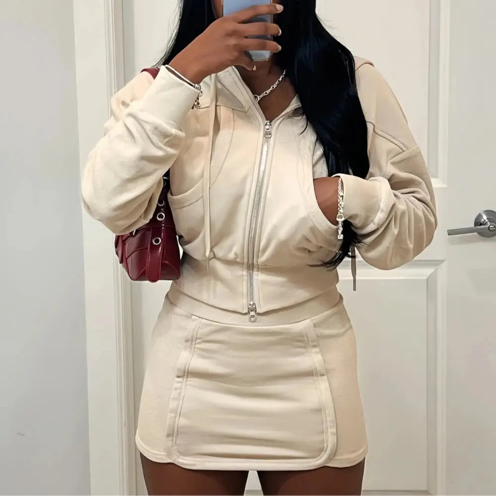 Zip Crop Jacket & Bodycon Skirt Set – Women’s Solid Two-Piece Outfit | Casual Streetwear Co-ord for Spring Majesty Me Streetwear™