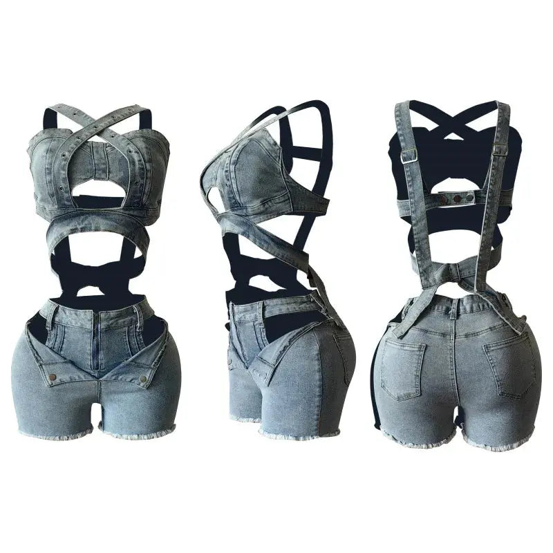 Denim Dream Two-Piece Set – Women’s Strap Vest Crop Top & Pocket Shorts | Sexy Streetwear Summer Outfit 2025 Majesty Me Streetwear™