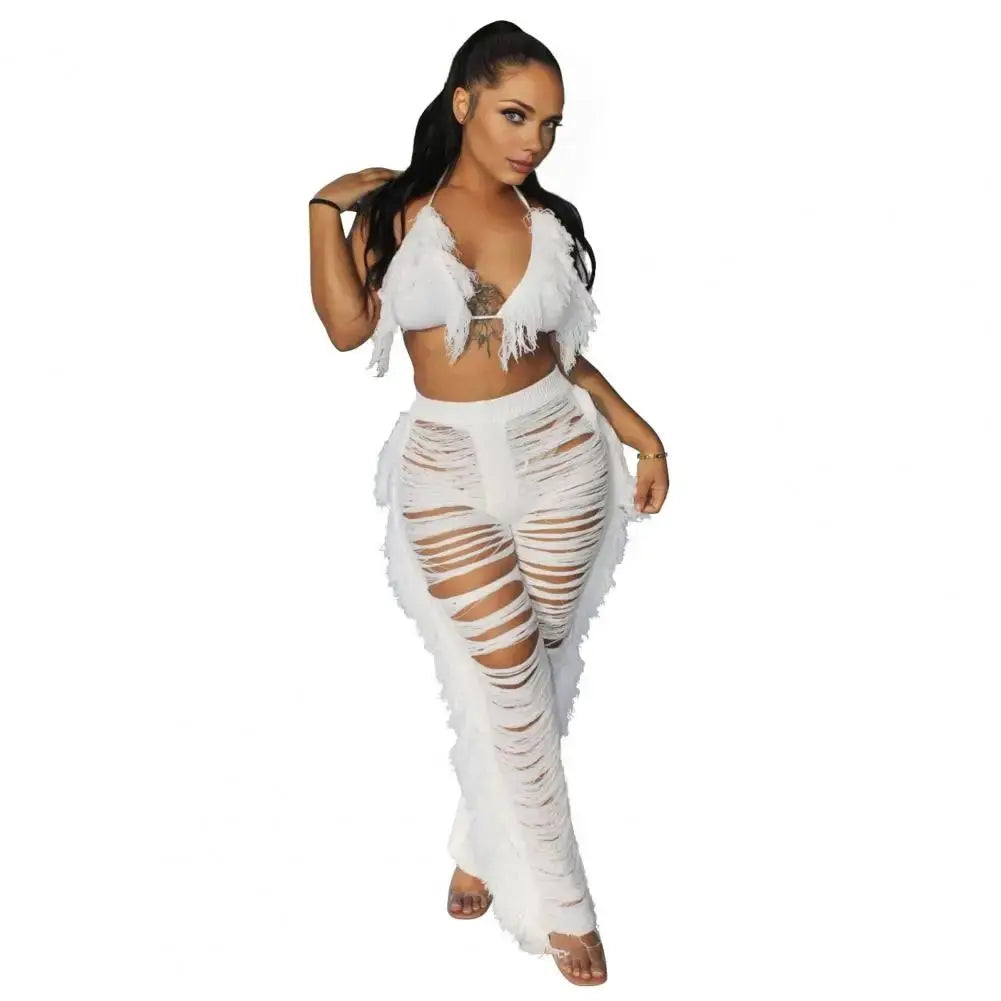 “Tropical Dream” Tassel Set – Lace-Up Halter Crop Top & High-Waist Beach Pants Majesty Me Streetwear™