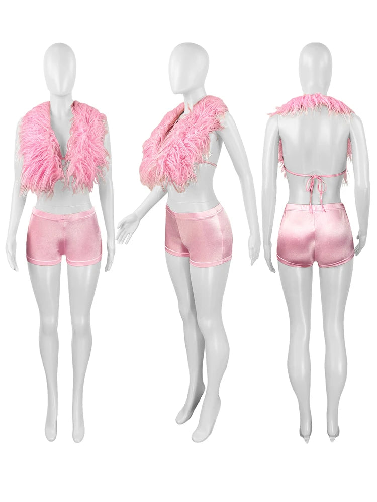 Luxury Fur Patchwork 2 Pieces Set for Woman Outfit Summer 2025 New Tank Top and Stretch Shorts Midnight Club Wear Party Suits Majesty Me